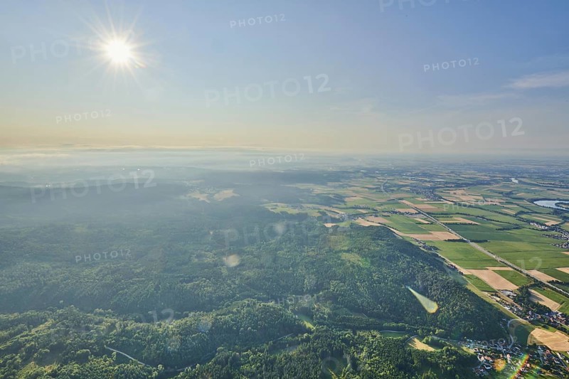 Aerial view over the fields and forests near Woerth an der Donau