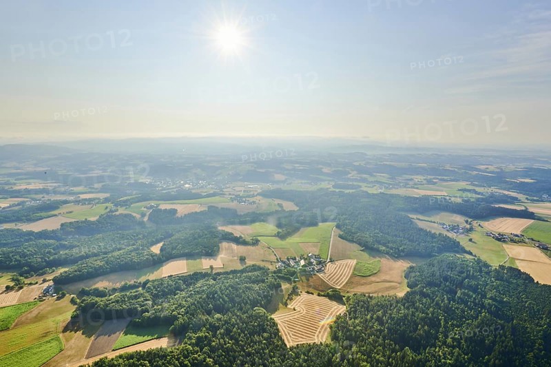 Aerial view over the fields and forests near Woerth an der Donau
