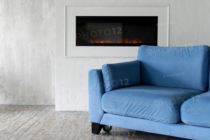 Front view room with couch fireplace
