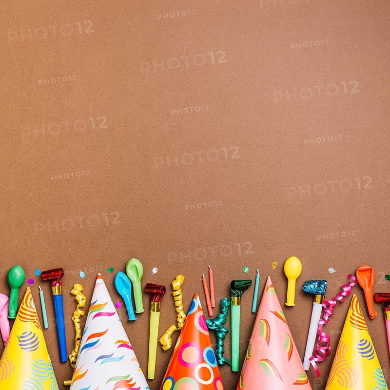Happy birthday greeting card with objects brown card
