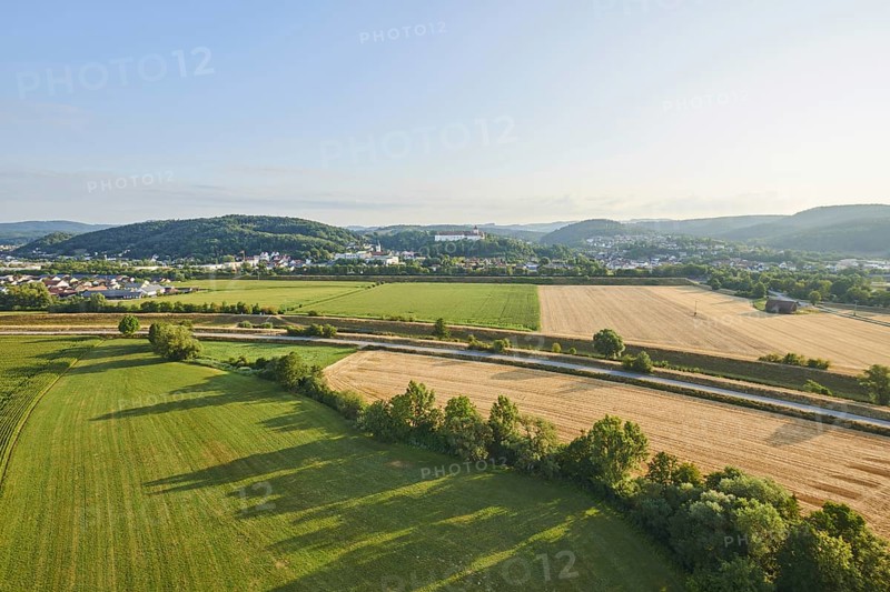 Aerial view over the fields and forests near Woerth an der Donau