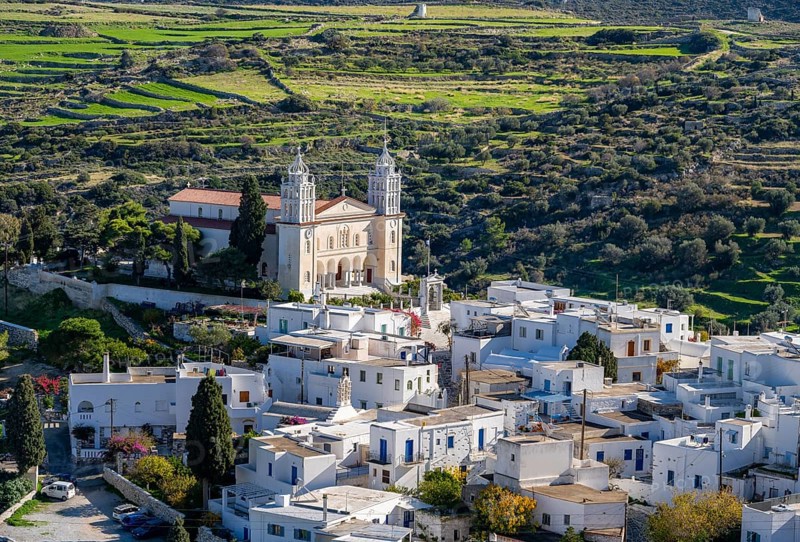 View over the village of Lefkes with white Cycladic houses