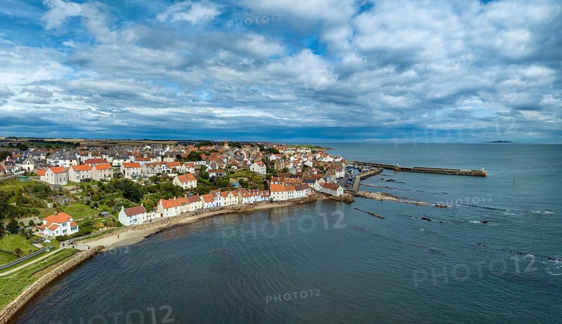 Aerial panorama of the fishing village of Pittenweem on the Firth of Forth
