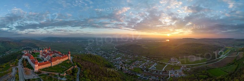 Aerial view of Goettweig Abbey and sunrise over the Danube