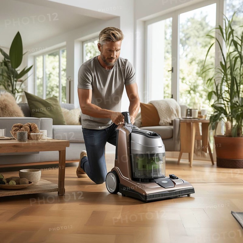 Family man vacuuming in the household