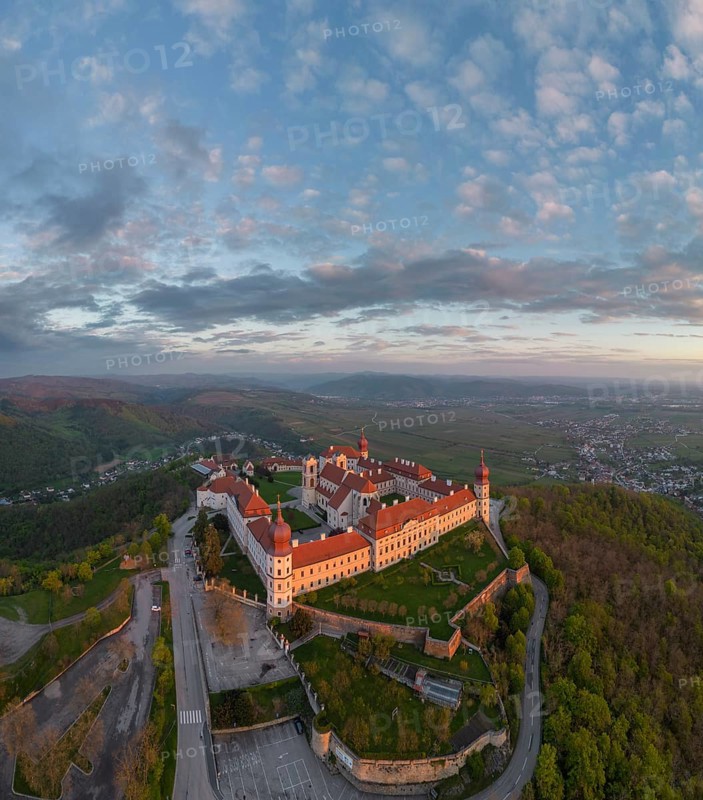 Aerial view of Goettweig Abbey at sunrise