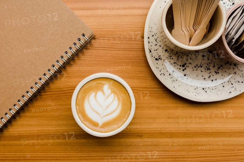 Top view desk with cup cofee