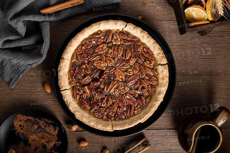 Top view tasty homemade pecan pie table
