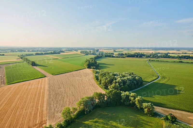 Aerial view over the fields and forests near Woerth an der Donau