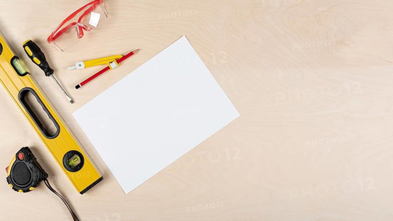 Top view builder desk with paper mock up