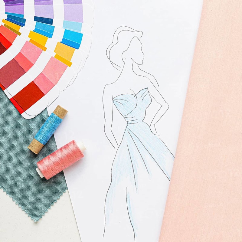 Top view sewing set with fabric samples thread