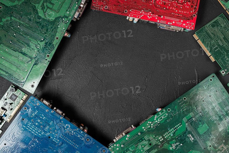 High angle view computer circuit boards black background