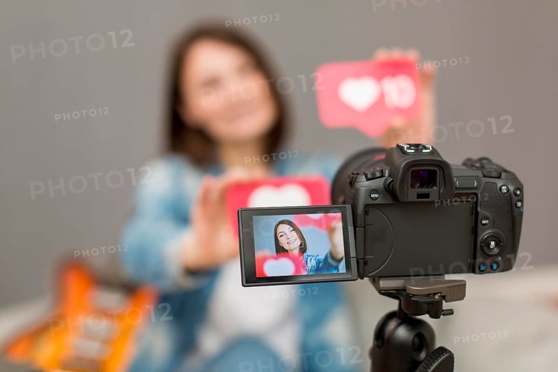 Close up camera tripod recording blogger