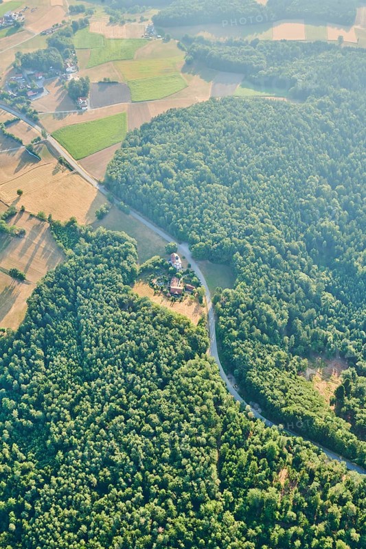Aerial view over the fields and forests near Woerth an der Donau