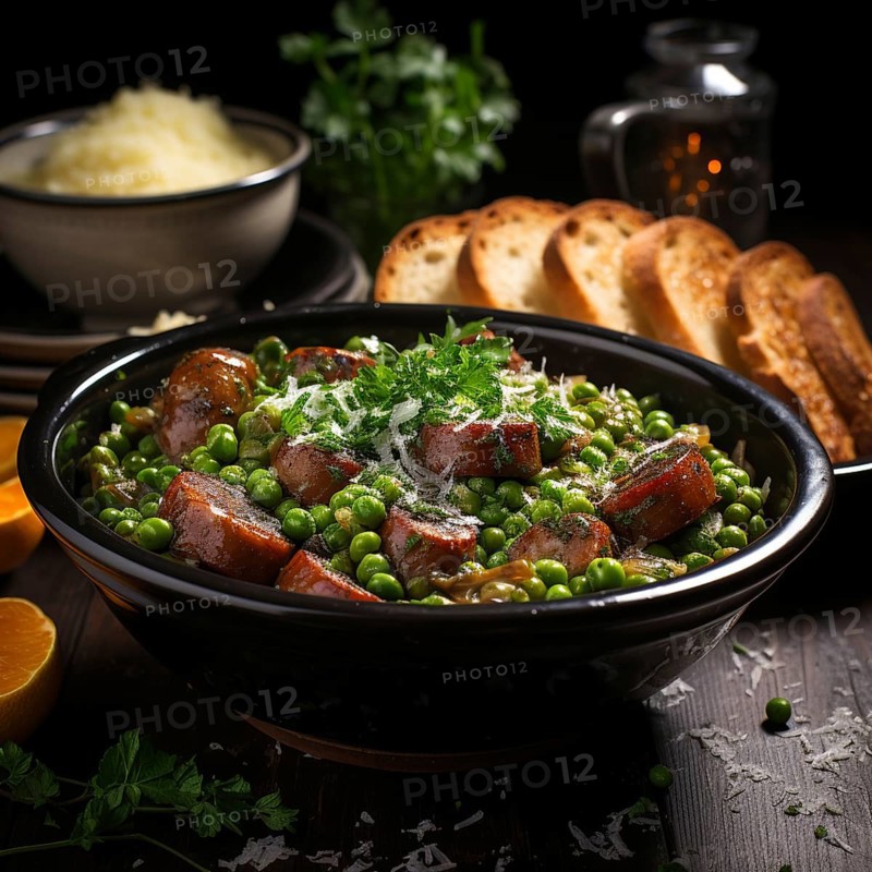 Pea soup with sausage and bread