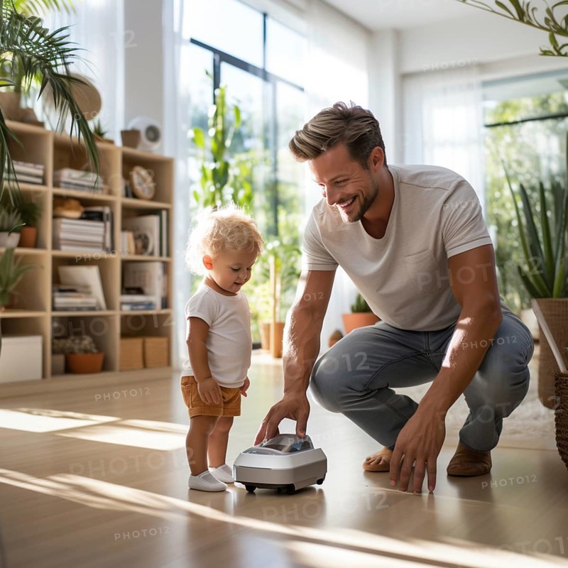 Family man vacuuming in the household