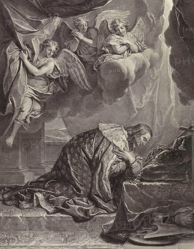Louis XIV kneeling in front of the Cross and Crown of Thorns