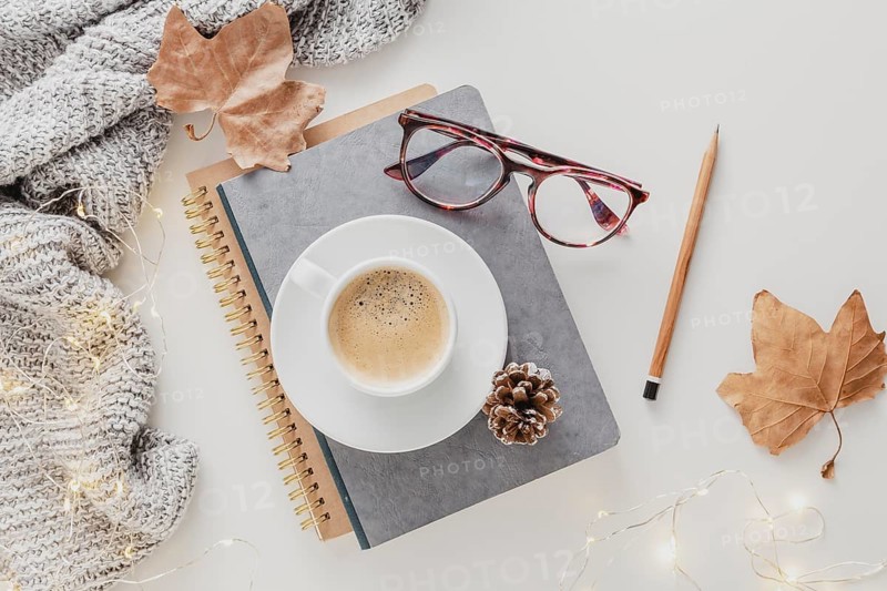 Top view coffee cup glasses agendas