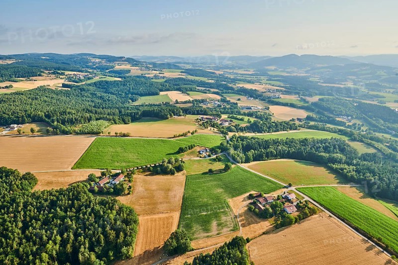 Aerial view over the fields and forests near Woerth an der Donau