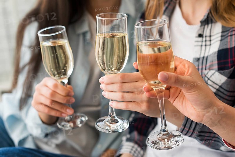Women holding champagne glasses toast