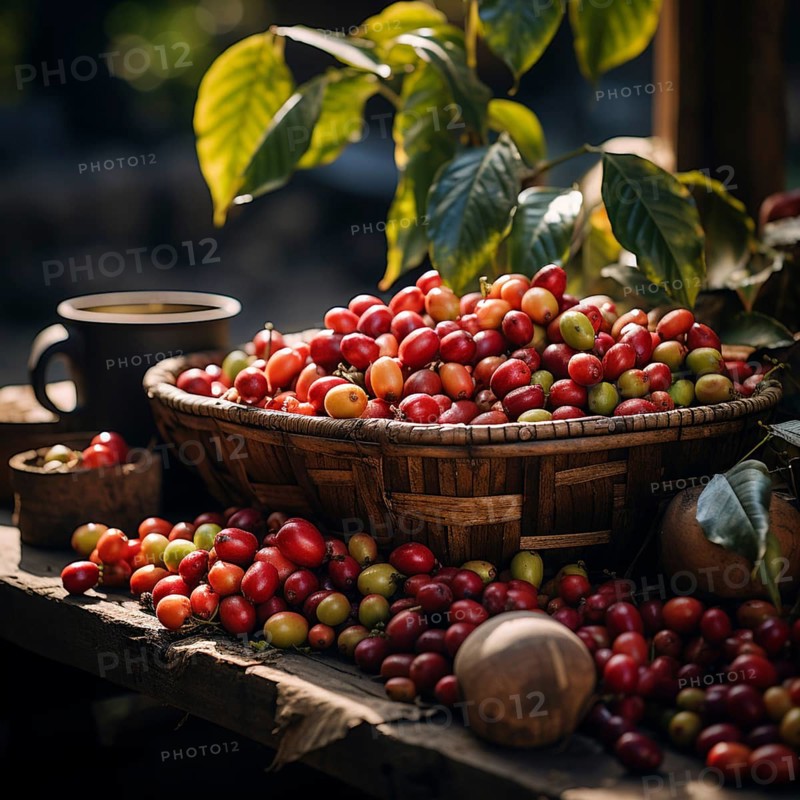 Coffee beans fresh and roasted Coffee beans on a plantation