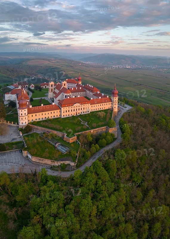 Aerial view of Goettweig Abbey at sunrise