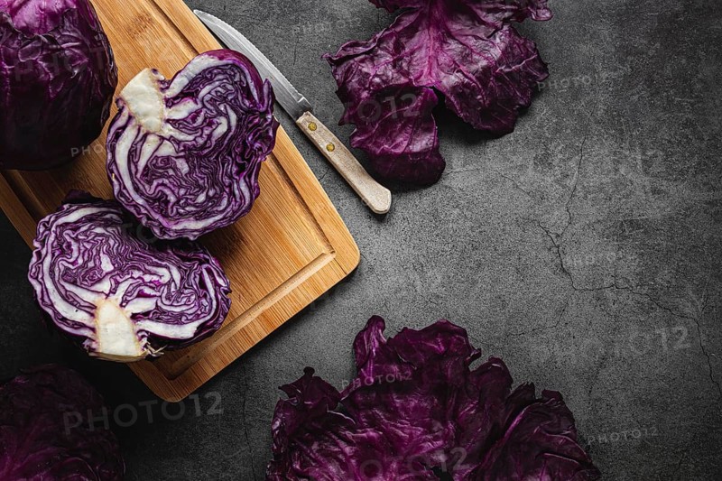 Top view red cabbage cutting board
