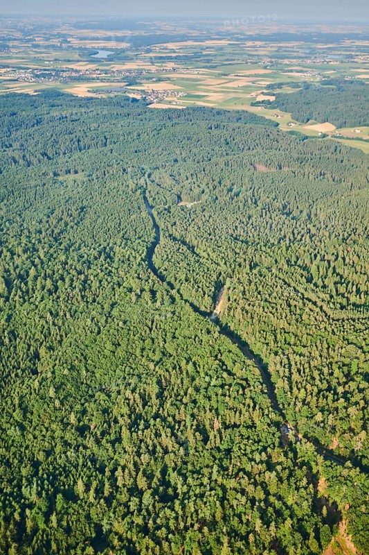 Aerial view over the fields and forests near Woerth an der Donau