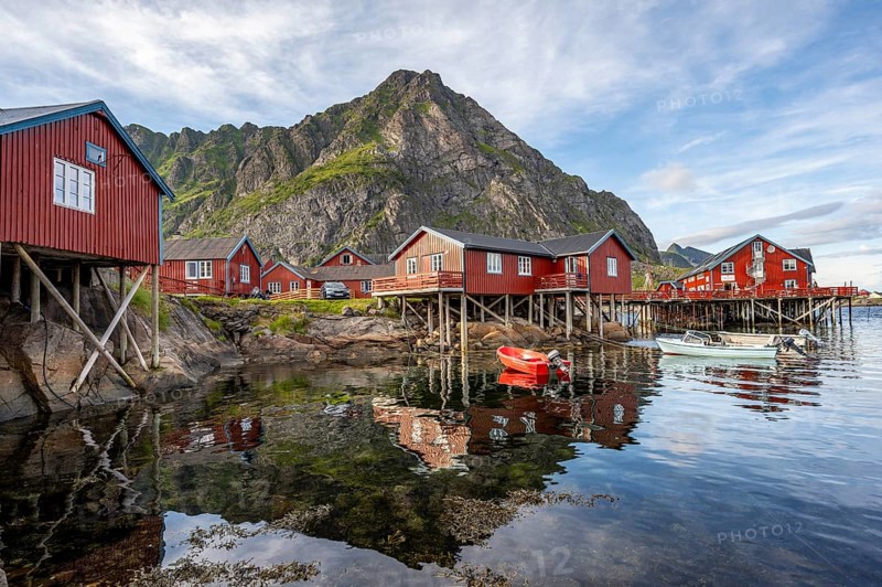 Traditional red rorbuer wooden huts
