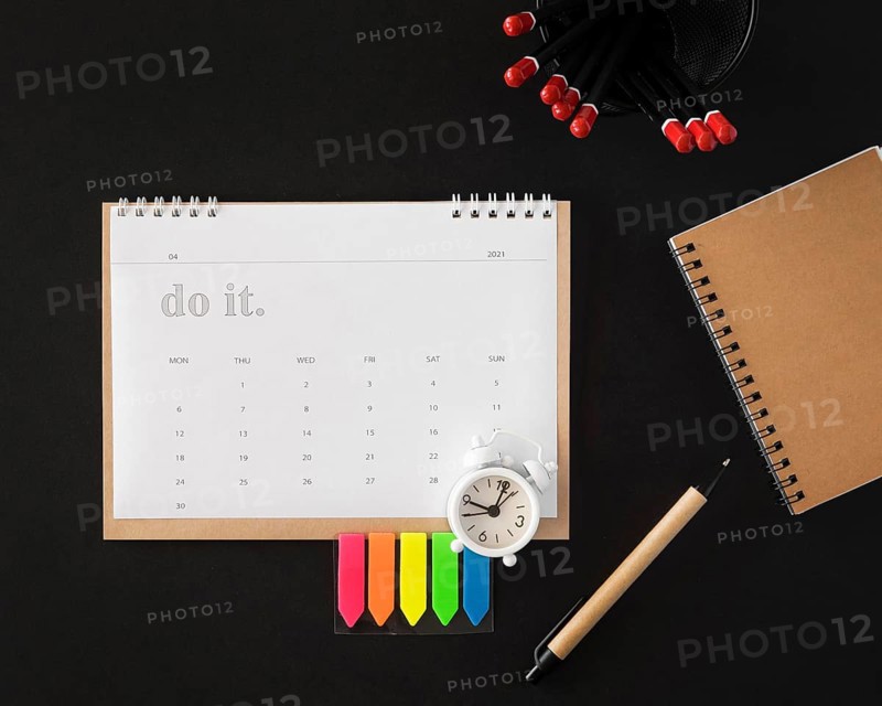 Top view planner calendar dark background