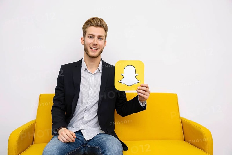 Portrait young man sitting yellow sofa holding snapchat icon
