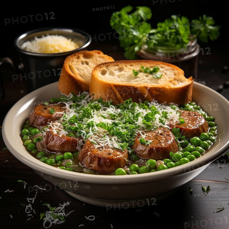 Pea soup with sausage and bread