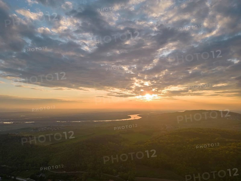 Aerial view of sunrise over the Danube