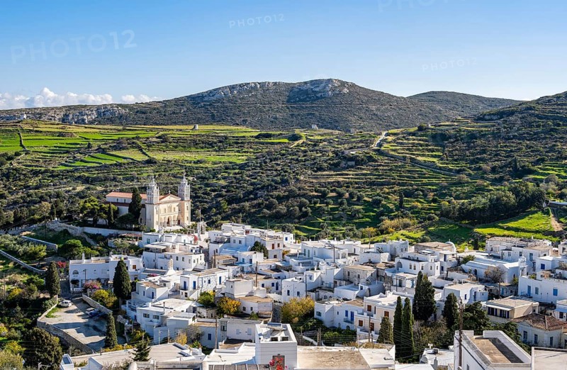 View over the village of Lefkes with white Cycladic houses