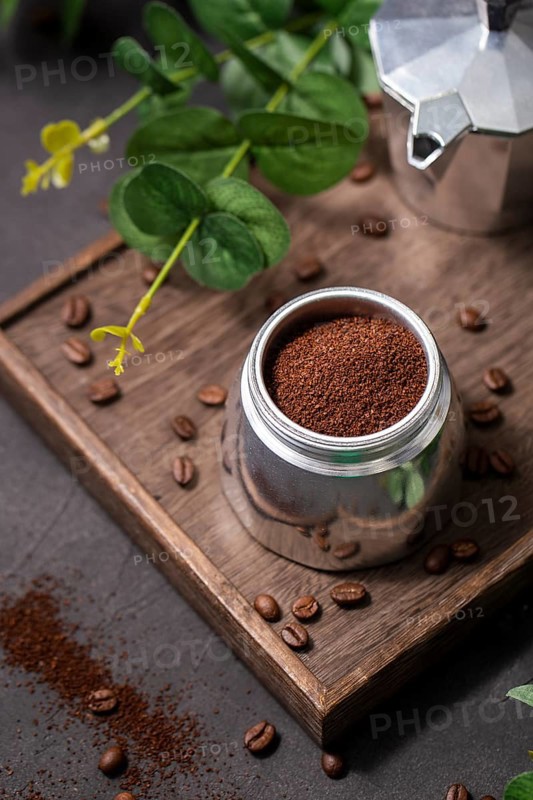 High angle coffee powder container wooden board