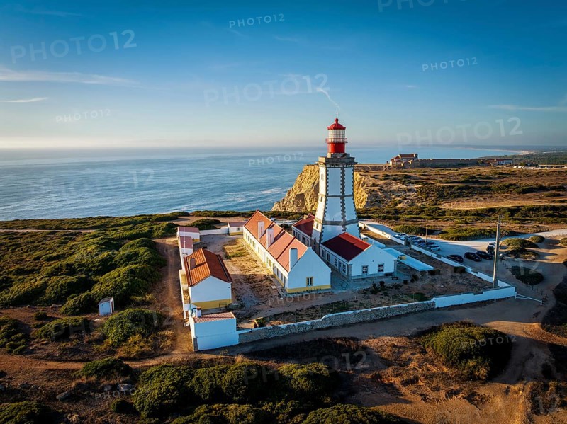 Aerial drone view of lighthouse on Cabo Espichel cape Espichel on Atlantic ocean