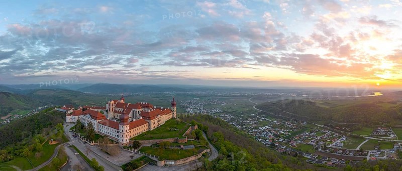 Aerial view of Goettweig Abbey and sunrise over the Danube