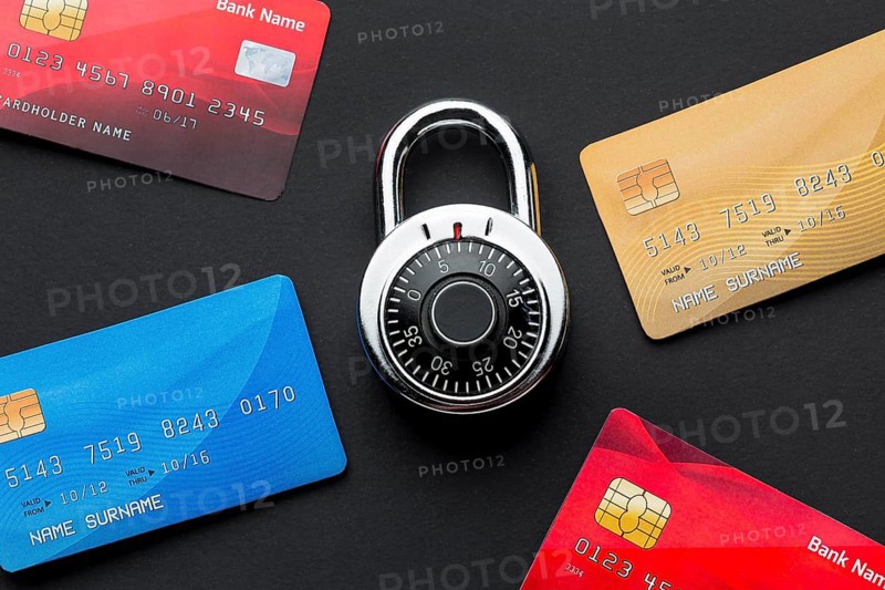 Top view credit cards with lock