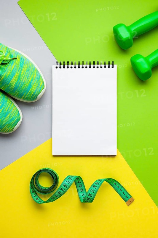 Top view sports equipment notebook mock up
