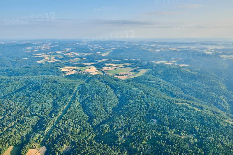 Aerial view over the fields and forests near Woerth an der Donau