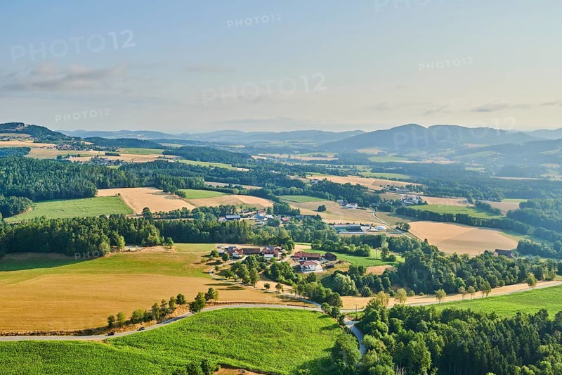 Aerial view over the fields and forests near Woerth an der Donau