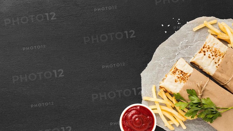 Top view delicious kebab with ketchup french fries