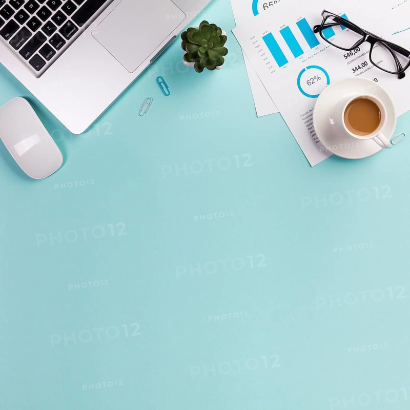 Mouse laptop cactus plant eyeglasses budget plan coffee cup blue background