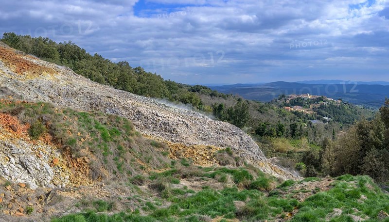 Biancane Geothermal Park and the town in the background