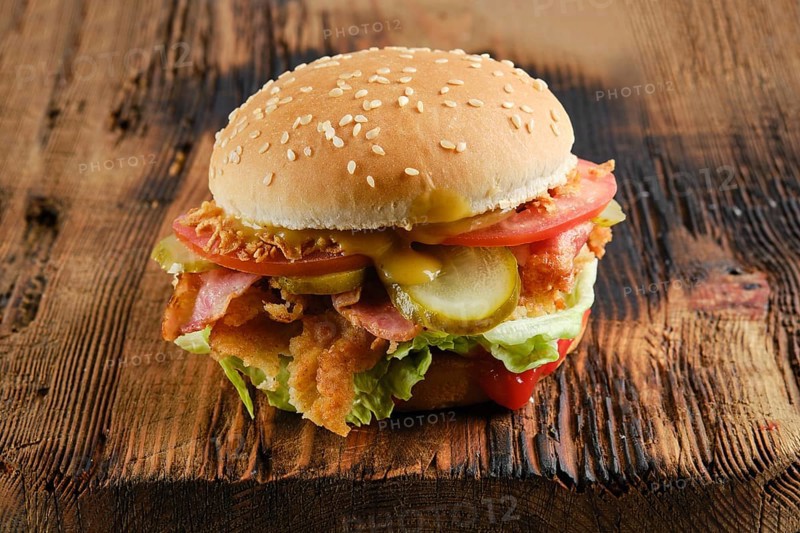 Kentucky chicken burger with pickled cucumber and fresh tomato on wooden background
