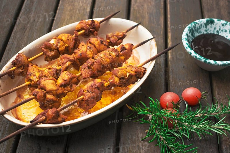 Delicious meat shish kebabs served table