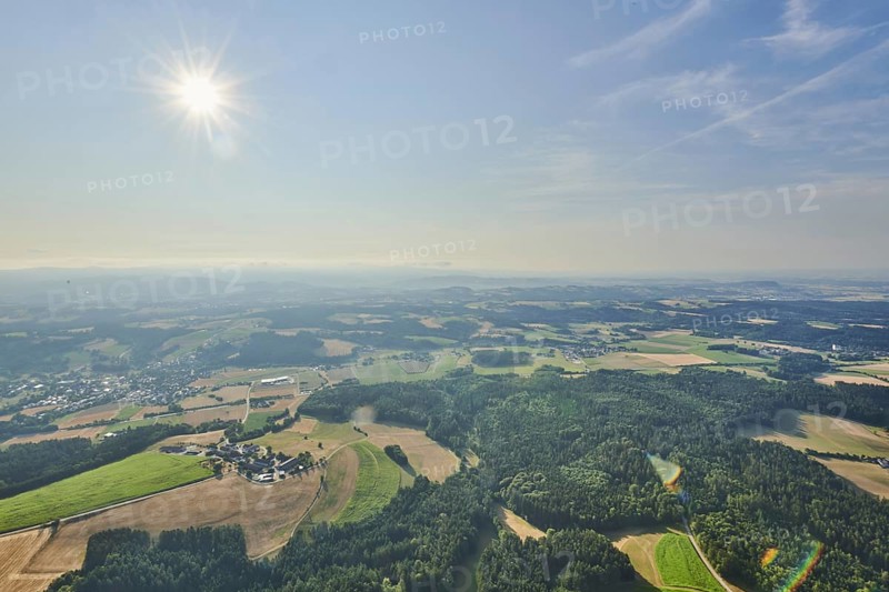 Aerial view over the fields and forests near Woerth an der Donau
