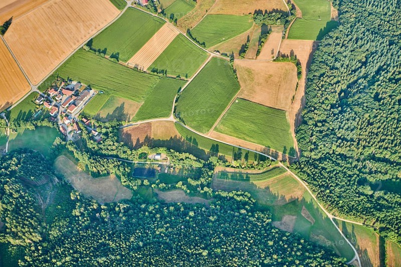 Aerial view over the fields and forests near Woerth an der Donau