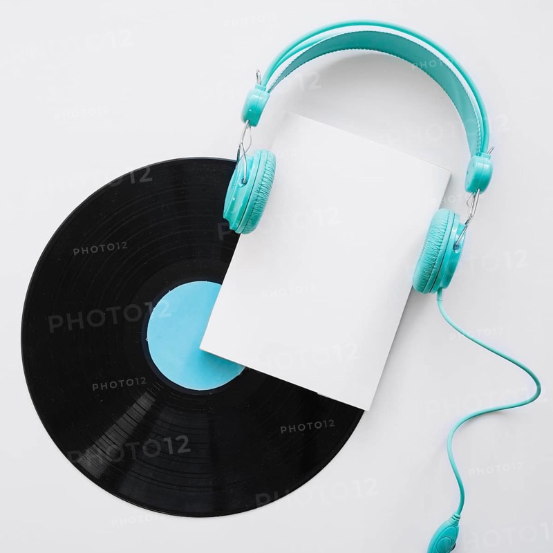 Booklet mockup with headphones vinyl