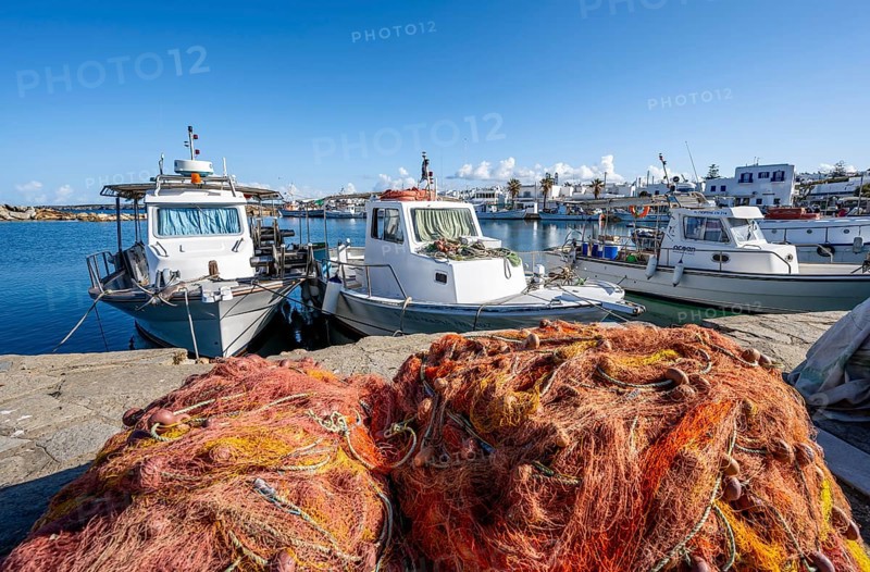 Fishing nets and boats in Naoussa harbour